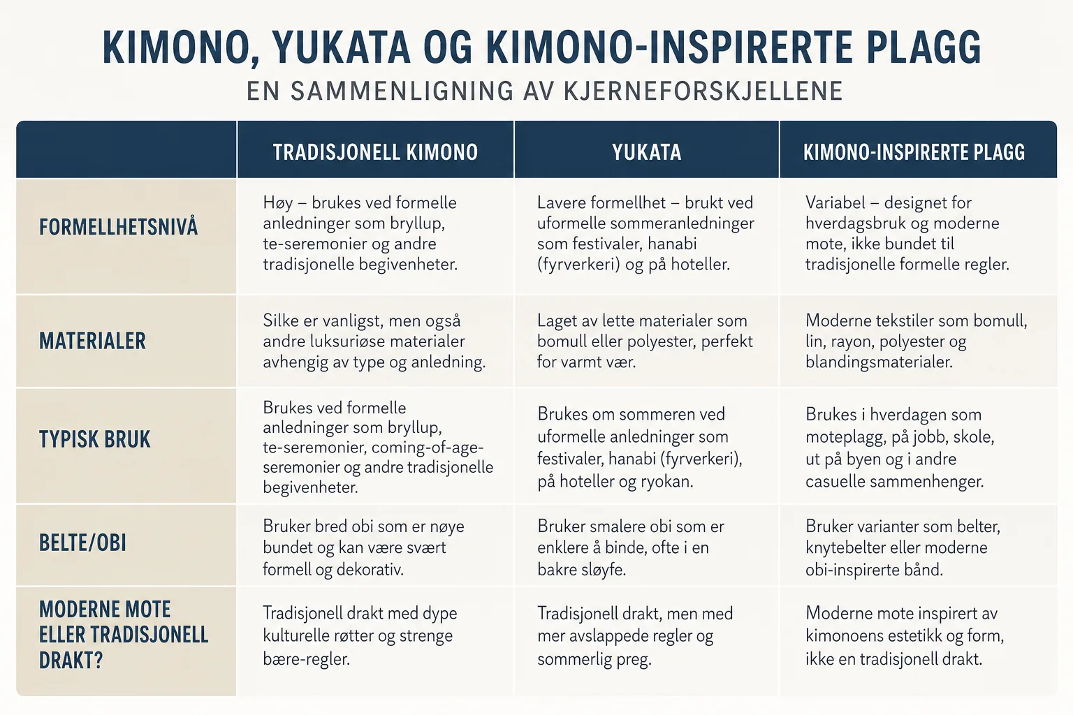 Sammenligning av kimono, yukata og kimono-inspirerte plagg