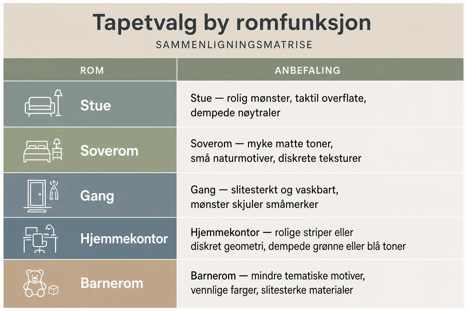 Sammenligning av tapetvalg for stue, soverom, gang, hjemmekontor og barnerom