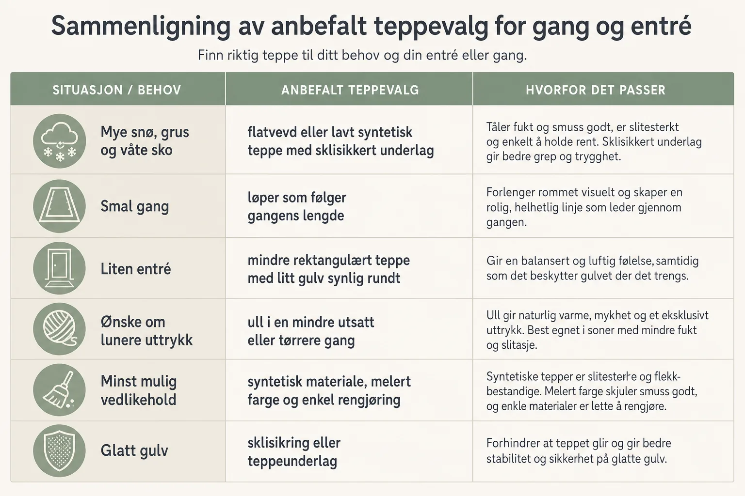 Sammenligning av teppetyper for gang og entré med anbefalinger