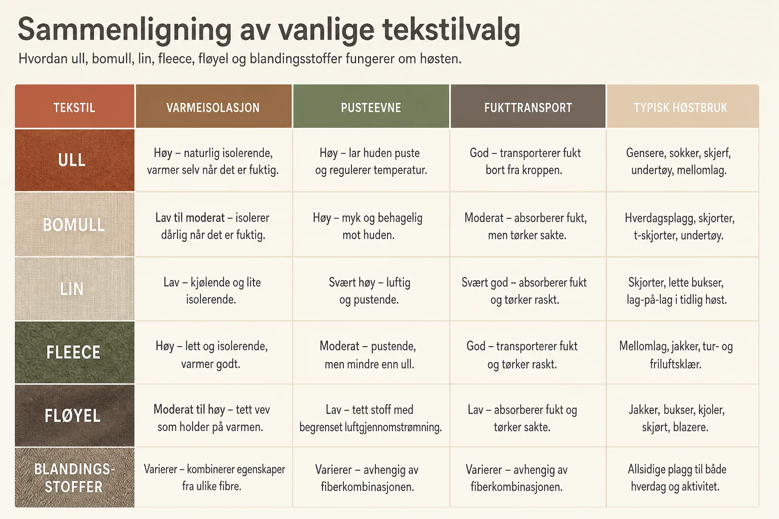 Sammenligningstabell for ull, bomull, lin, fleece, fløyel og blandingsstoffer