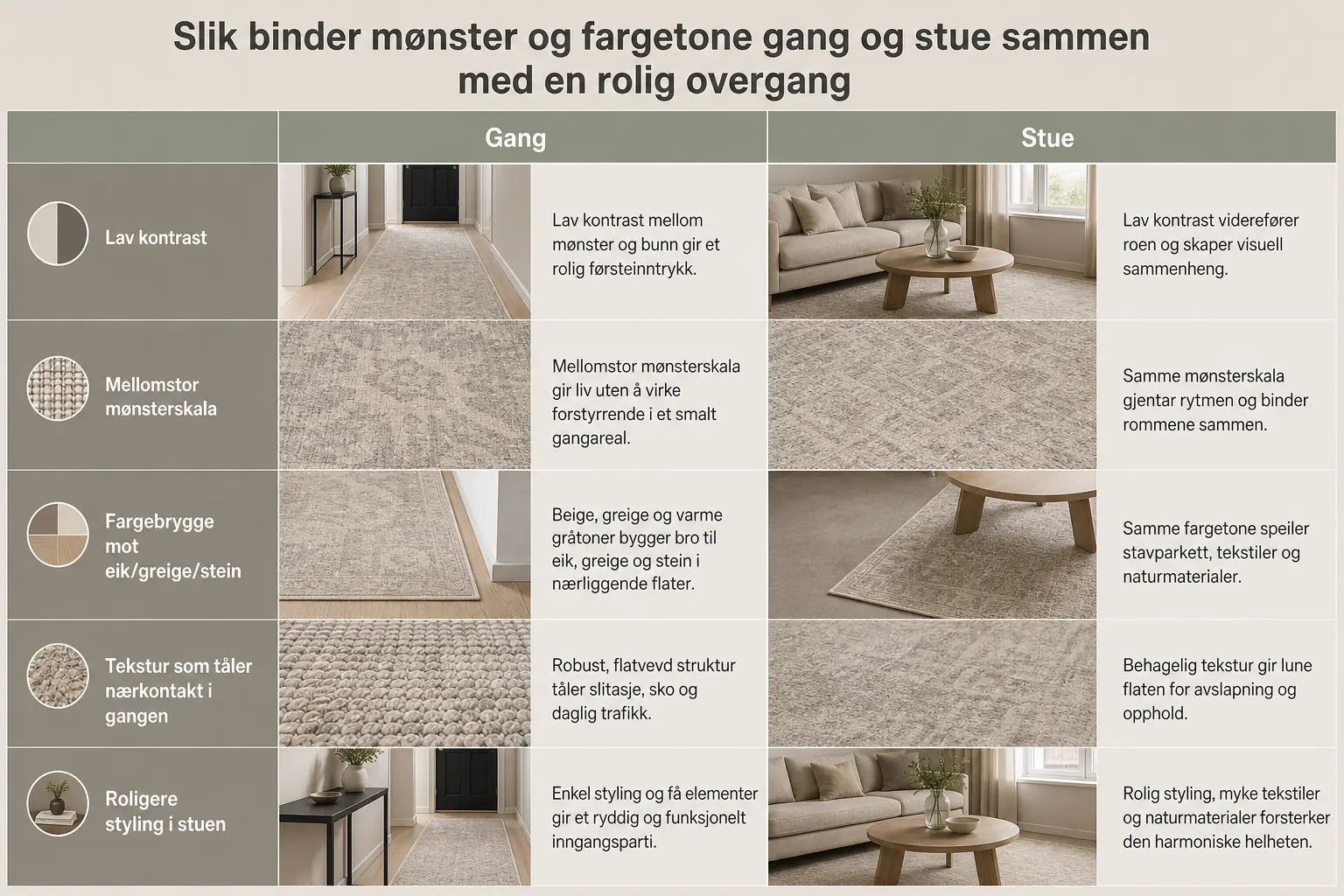 Slik binder mønster og fargetone gang og stue sammen med en rolig overgang.