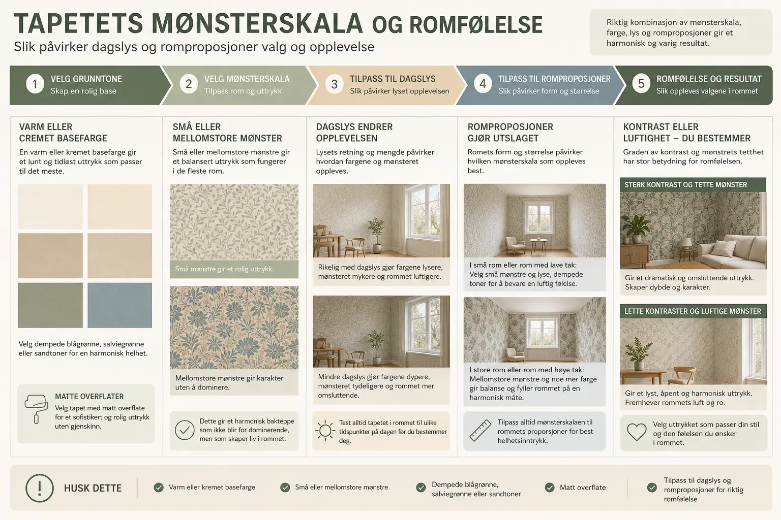 Tapetvegg i dagslys som viser mønsterets skala og romfølelse