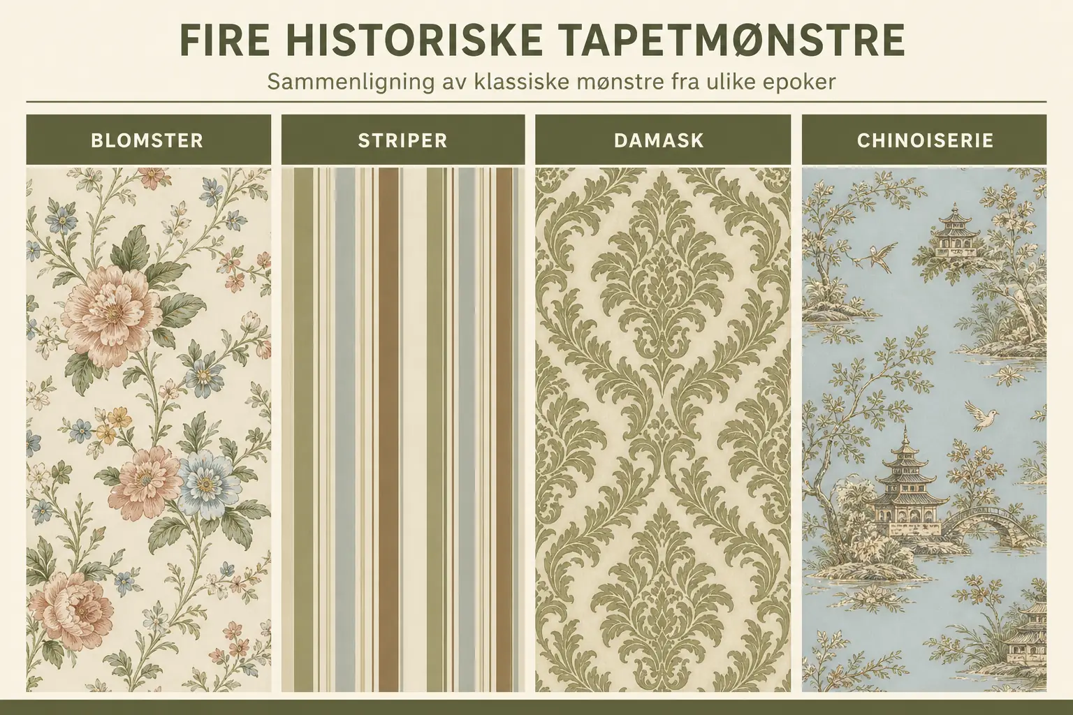 Utvalg av historiske tapetmønstre i en rolig, oversiktlig komposisjon