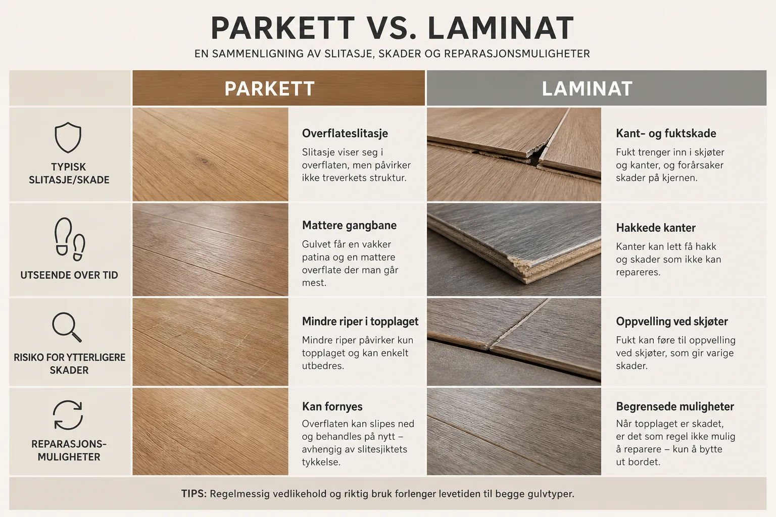 Side om side av parkett med riper og laminat med kant- og fuktskade