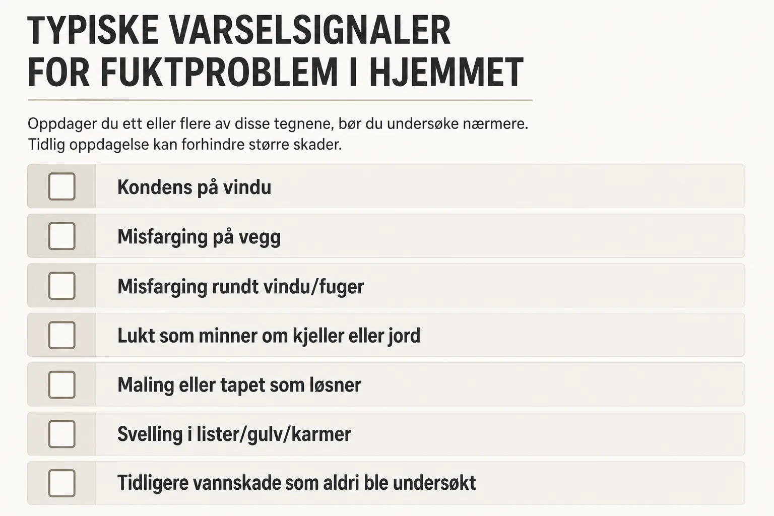 Kondens, misfarging og skade i et hjørne som kan tyde på fukt