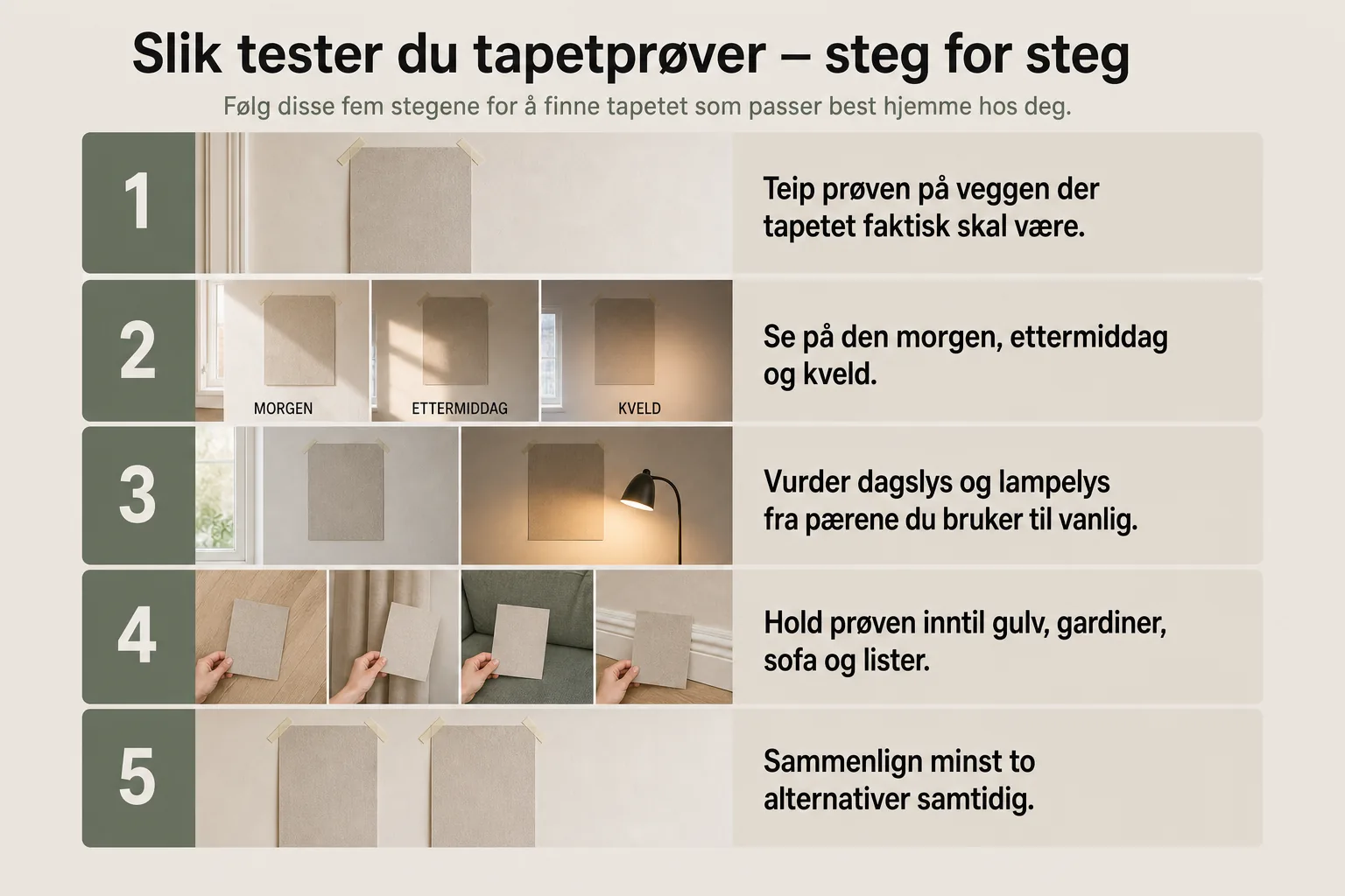 Tapetprøver teipet på veggen ved vindu og lampe for å sammenligne farger gjennom dagen.