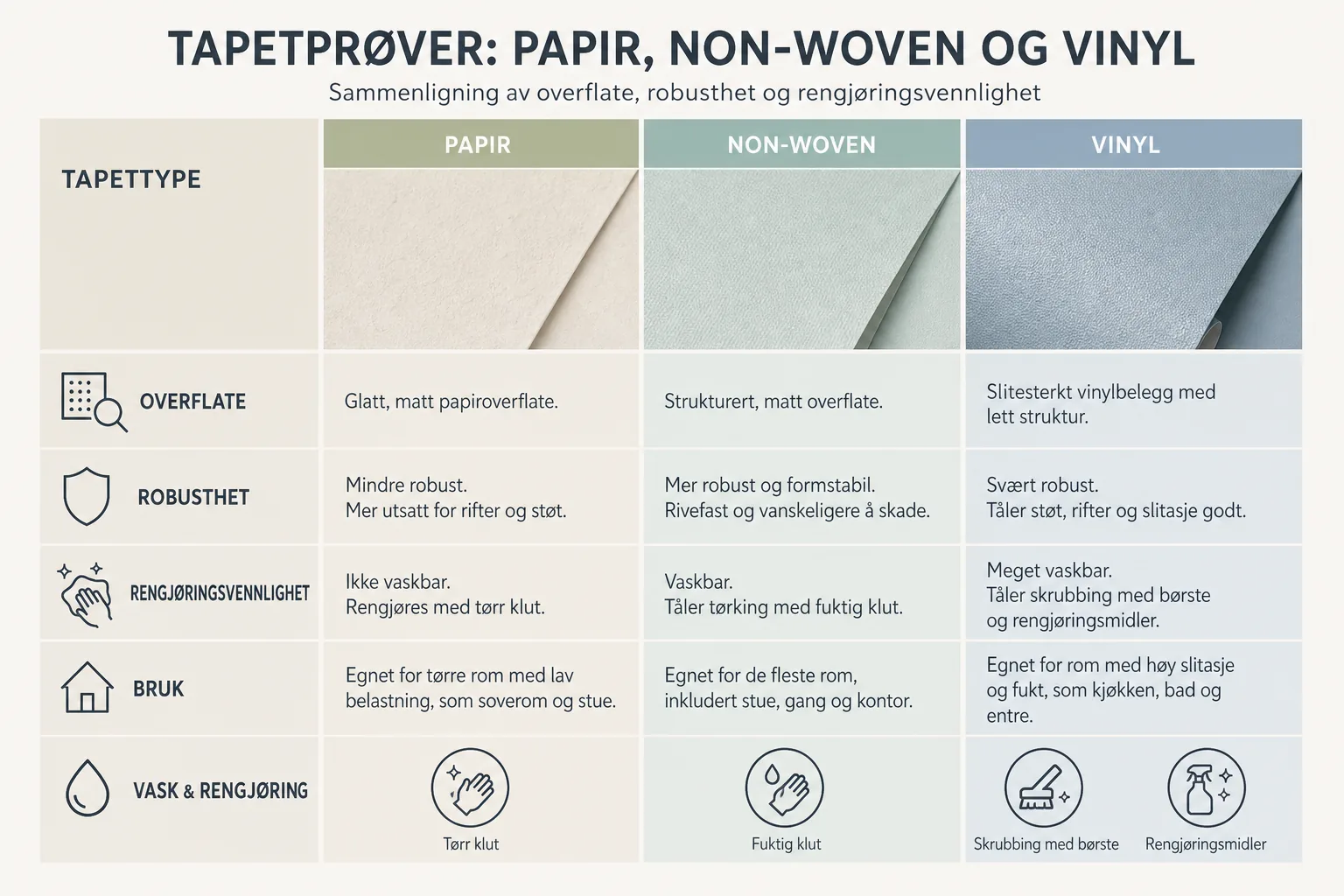 Tre tapetprøver side om side: papir, non-woven og vinyl med små ikoner for bruk og vask.
