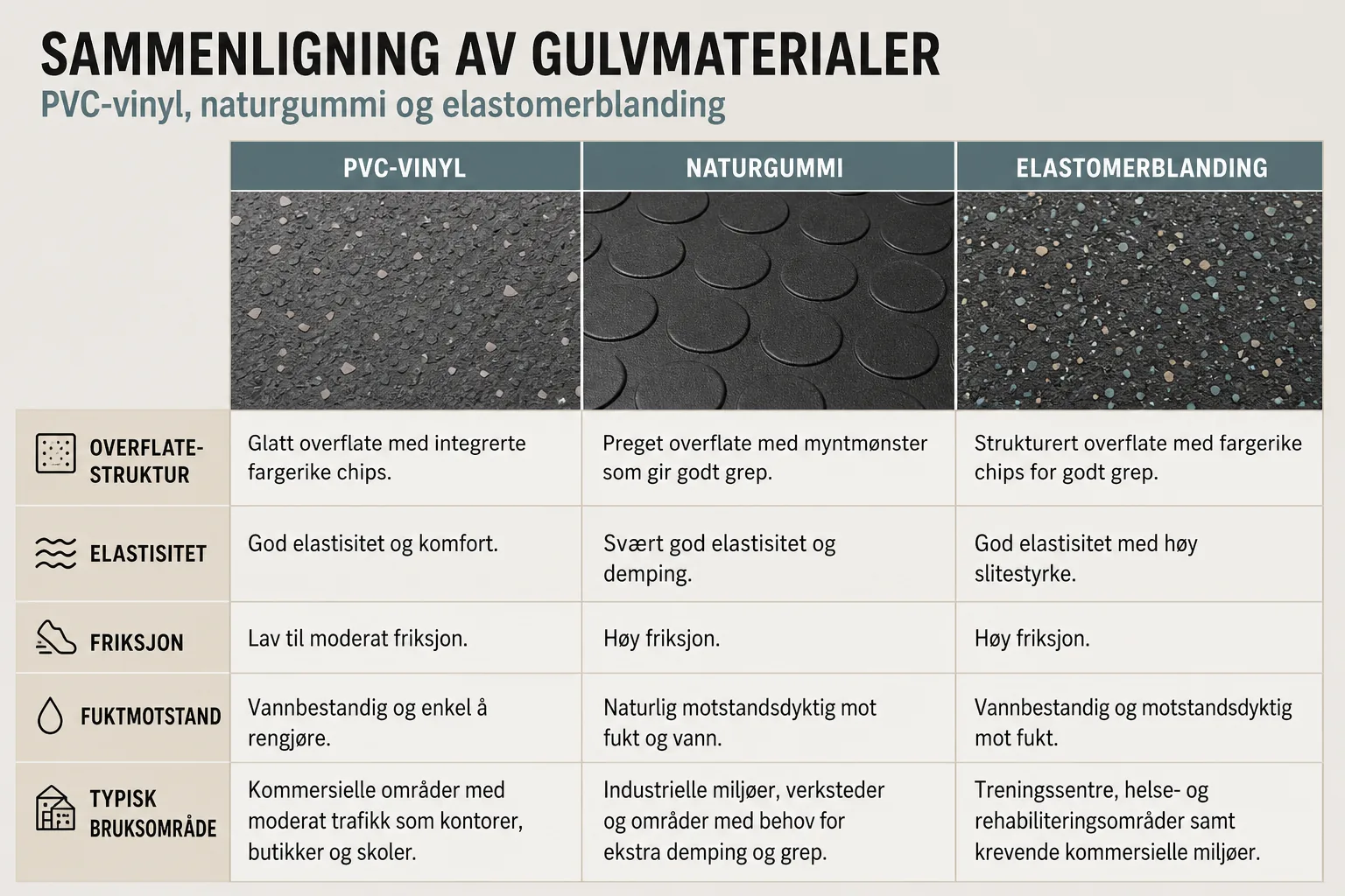 Tre gulvprøver som viser ulike overflater og materialstruktur side om side