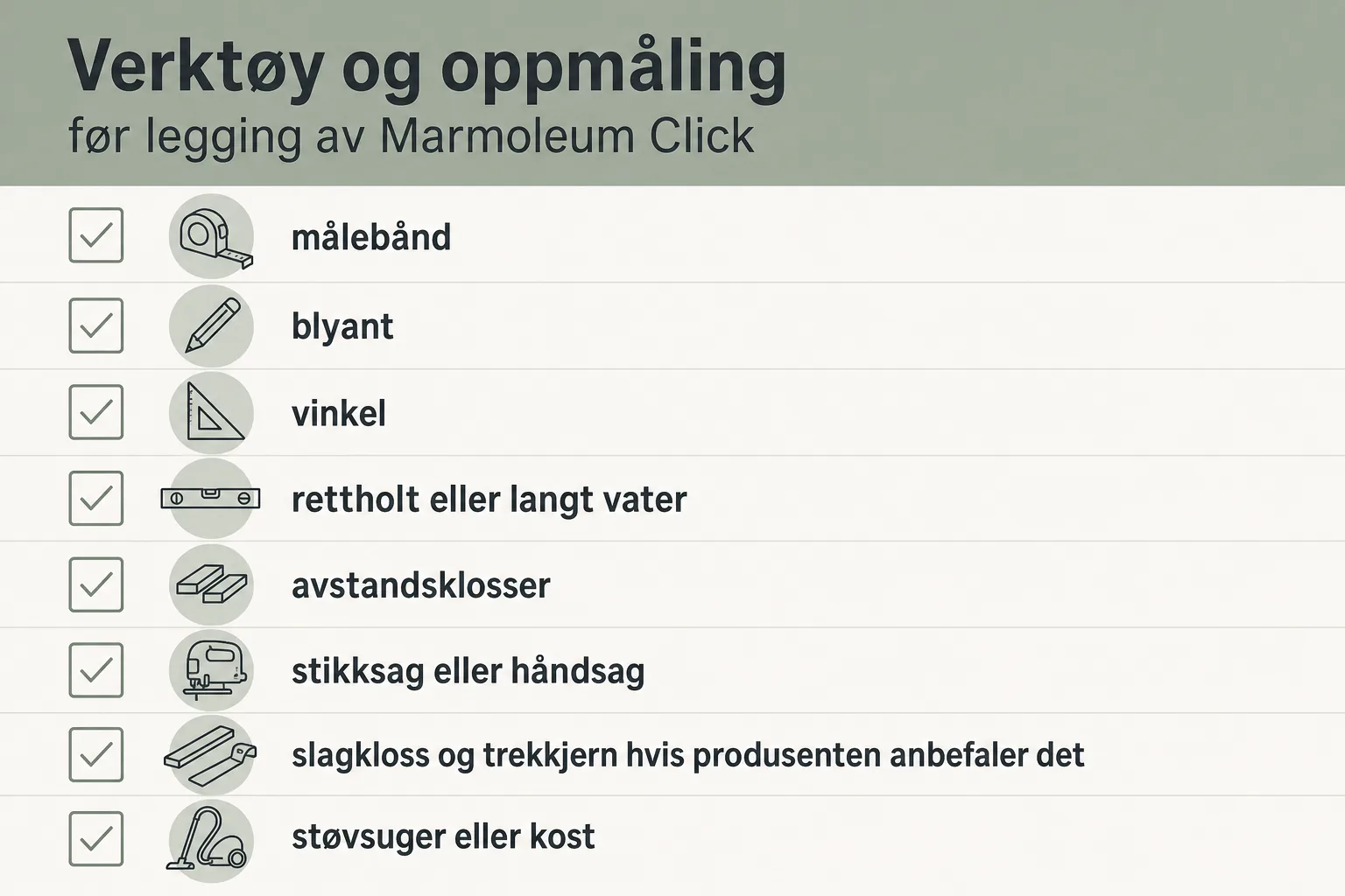 Målebånd, vinkel og håndsag ved Marmoleum-planker klare for oppmåling og kapping.