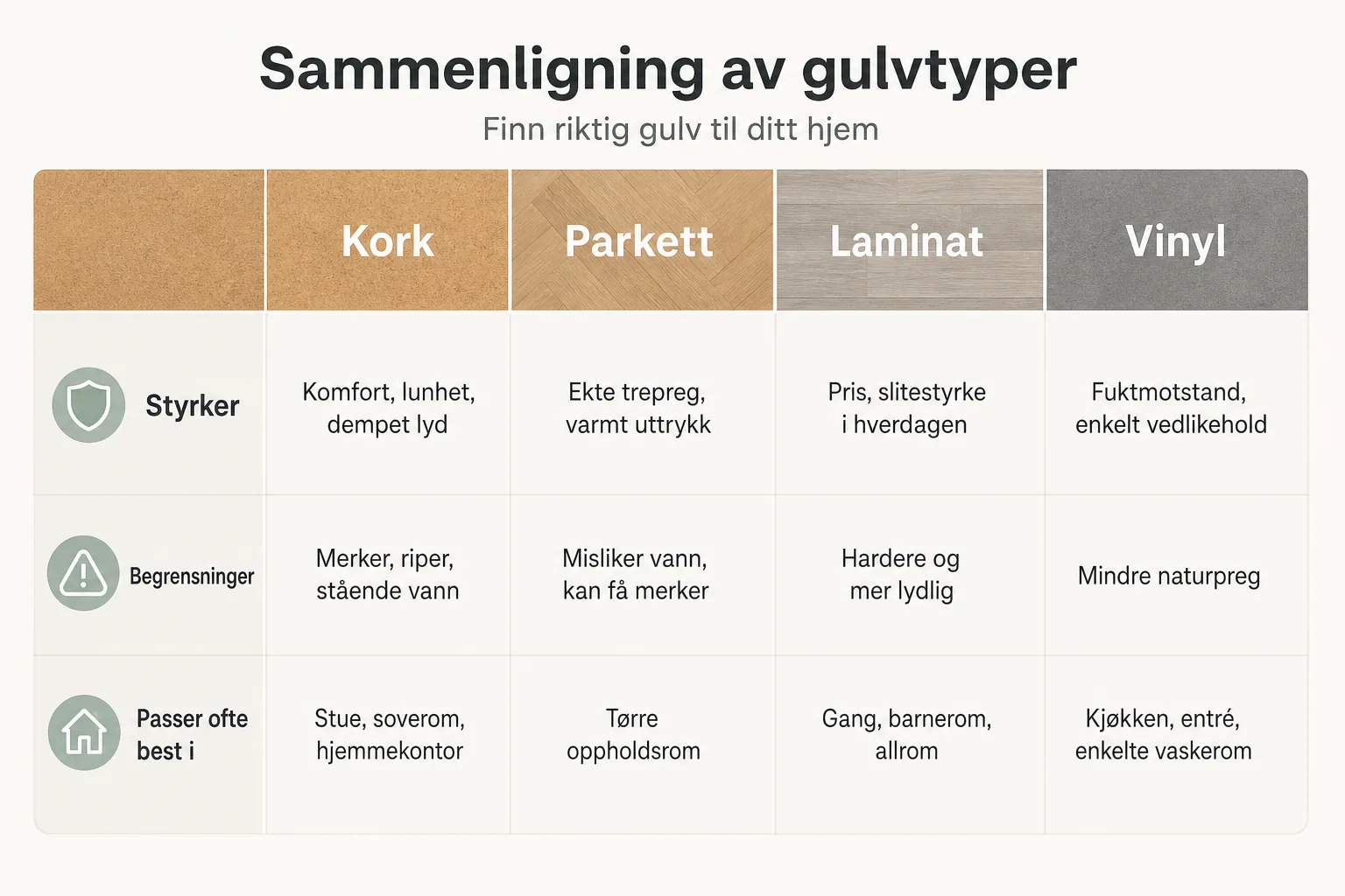 Sammenligning av kork, parkett, laminat og vinyl i et hjem.