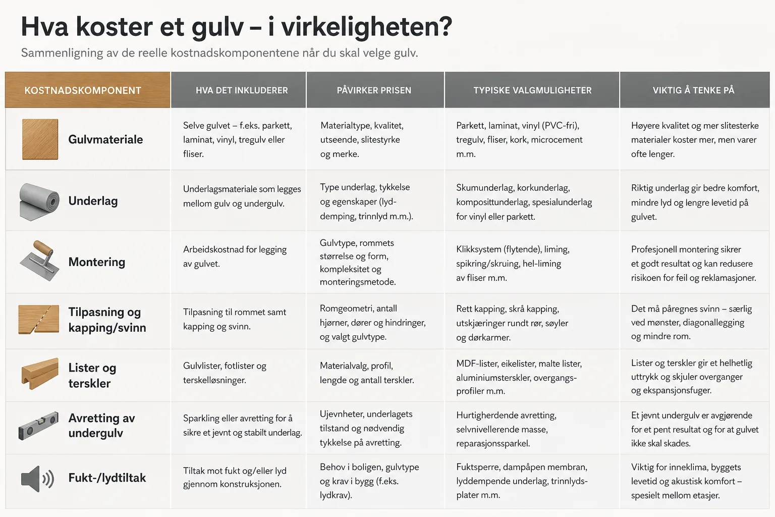Gulvprøver, underlag, verktøy og kalkulator satt opp som en enkel kostnadsoversikt.